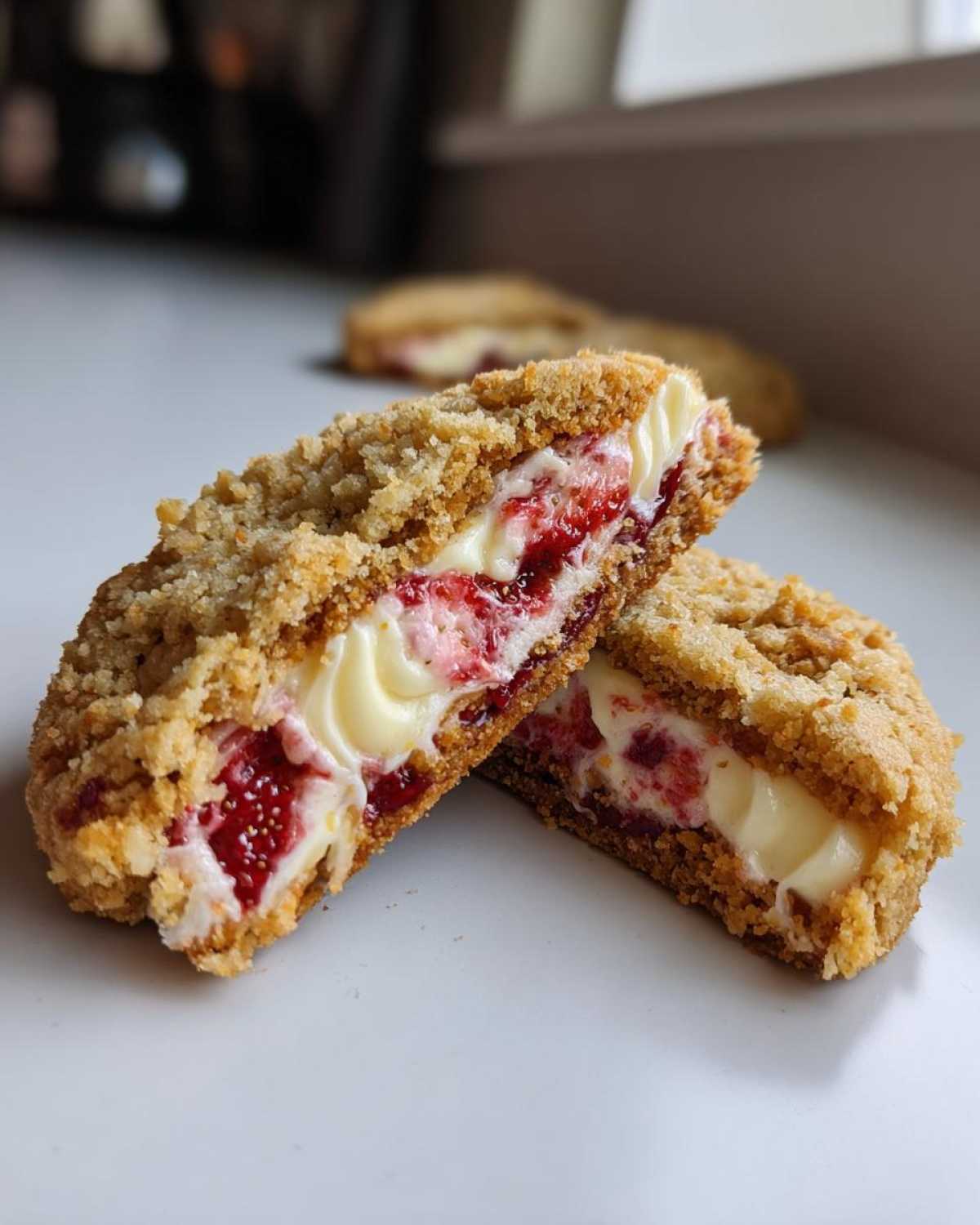 Close-up of a Strawberry Cheesecake Stuffed Cookie cut in half, showing creamy filling and strawberry jam.