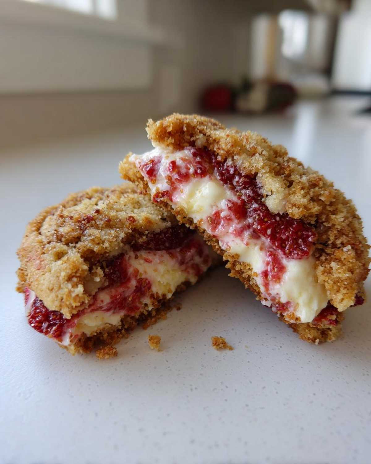 A close-up of Strawberry Cheesecake Stuffed Cookies cut in half, showing the creamy filling and strawberry swirl.