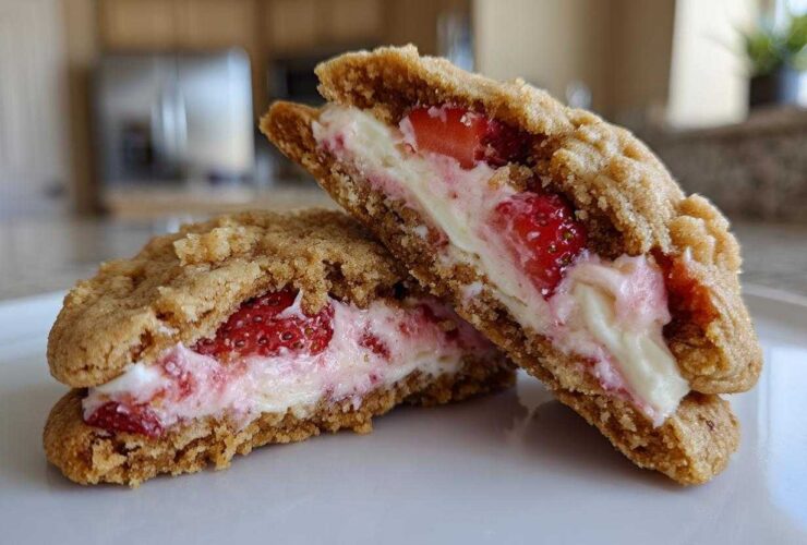 Cross-section view of two halves of a Strawberry Cheesecake Stuffed Cookie revealing creamy filling and fresh strawberry pieces.