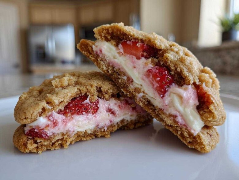 Cross-section view of two halves of a Strawberry Cheesecake Stuffed Cookie revealing creamy filling and fresh strawberry pieces.