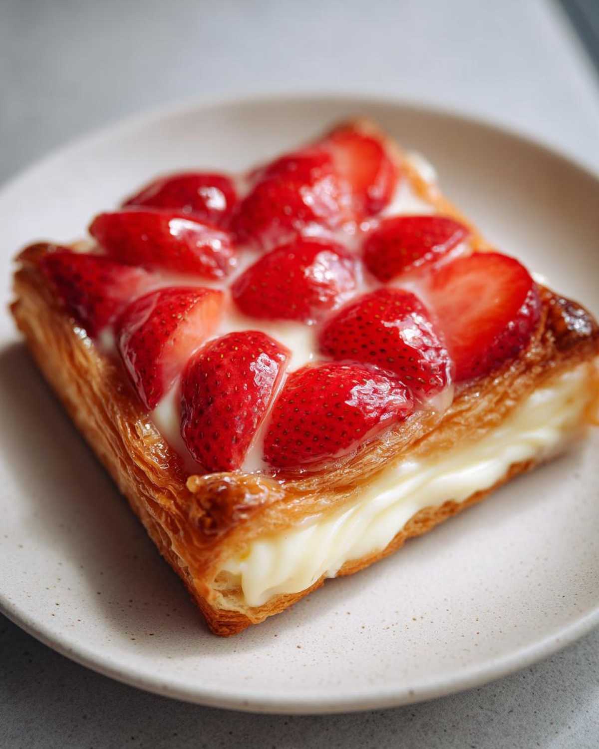 A close-up of a square Strawberry Cream Cheese Danish with flaky pastry, cream cheese filling, and glazed fresh strawberries.