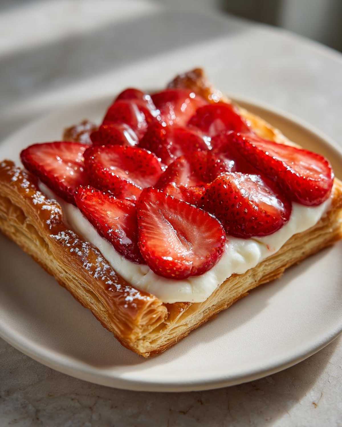 A single serving of Strawberry Cream Cheese Danish featuring flaky pastry, cream cheese filling, and glazed sliced strawberries.