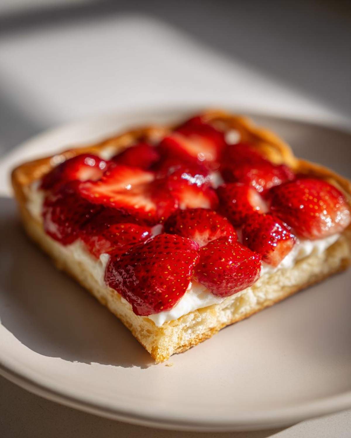 A square slice of Strawberry Cream Cheese Danish featuring bright red strawberries over white cream cheese on a golden crust.