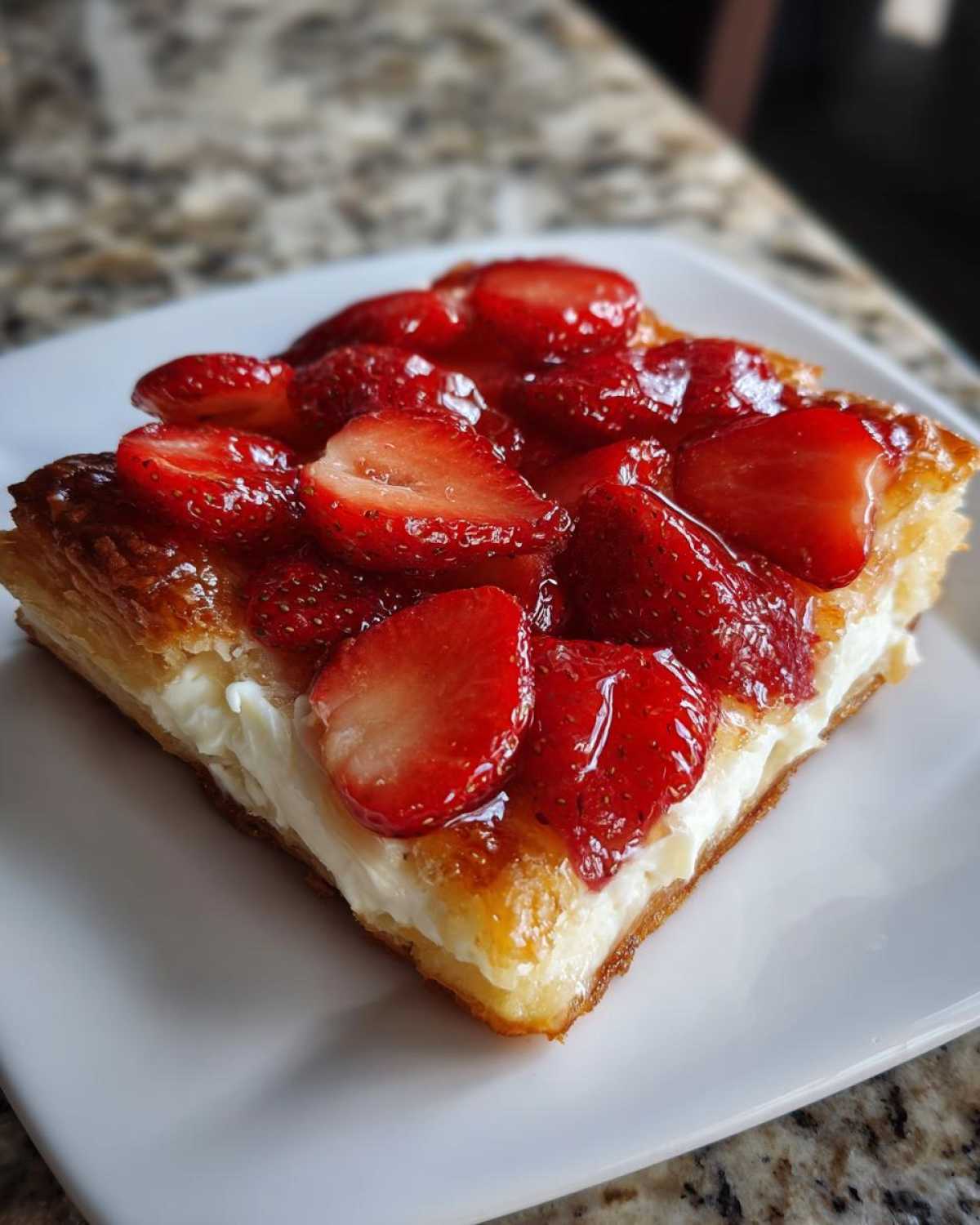 A close-up of a square slice of Strawberry Cream Cheese Danish featuring flaky pastry, thick cream cheese filling, and glazed strawberry slices.