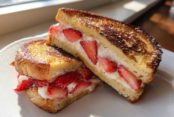 Two halves of golden-brown Strawberry Cream Cheese Stuffed French Toast piled on a white plate.