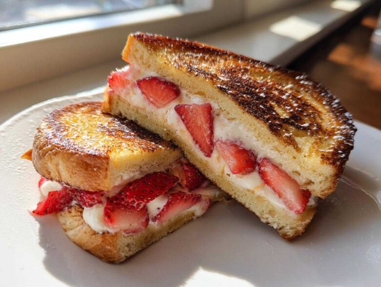 Two halves of golden-brown Strawberry Cream Cheese Stuffed French Toast piled on a white plate.
