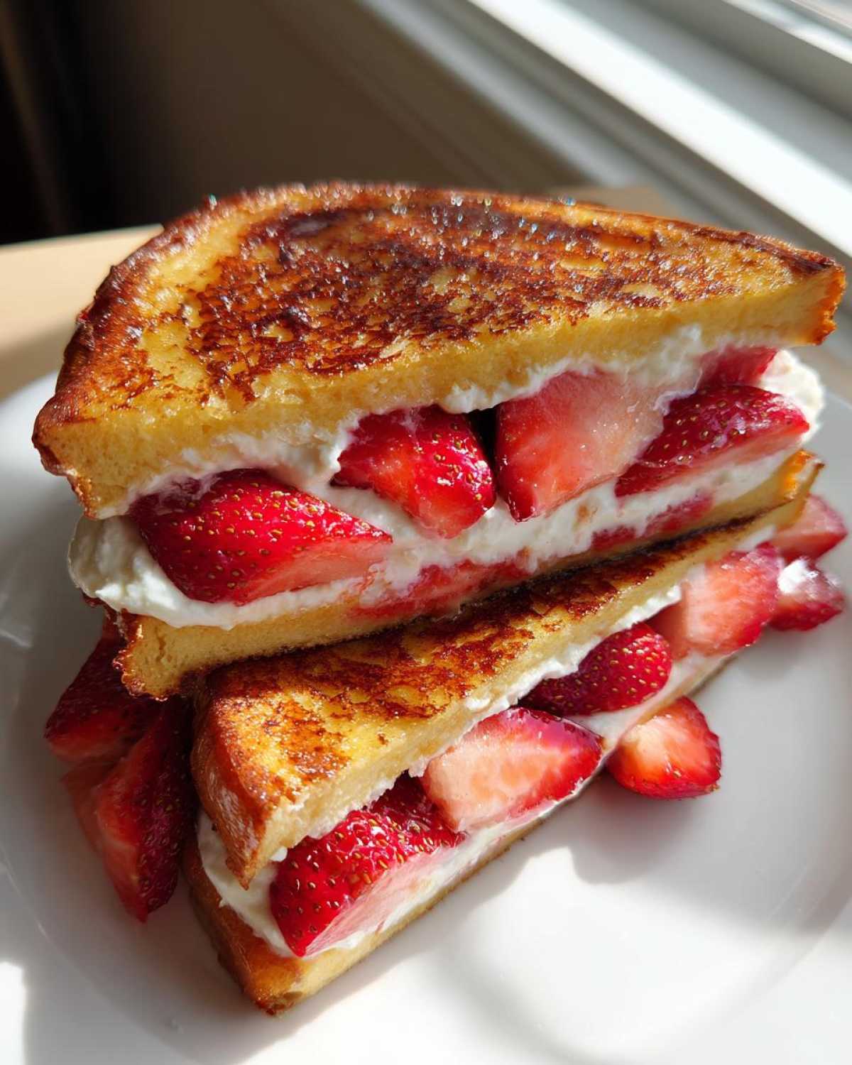 Two halves of golden brown Strawberry Cream Cheese Stuffed French Toast stacked on a white plate.