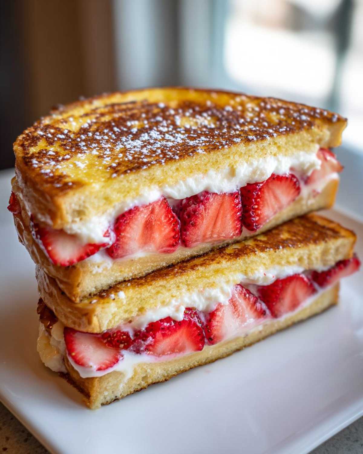 Two halves of Strawberry Cream Cheese Stuffed French Toast stacked on a white plate, dusted with powdered sugar.