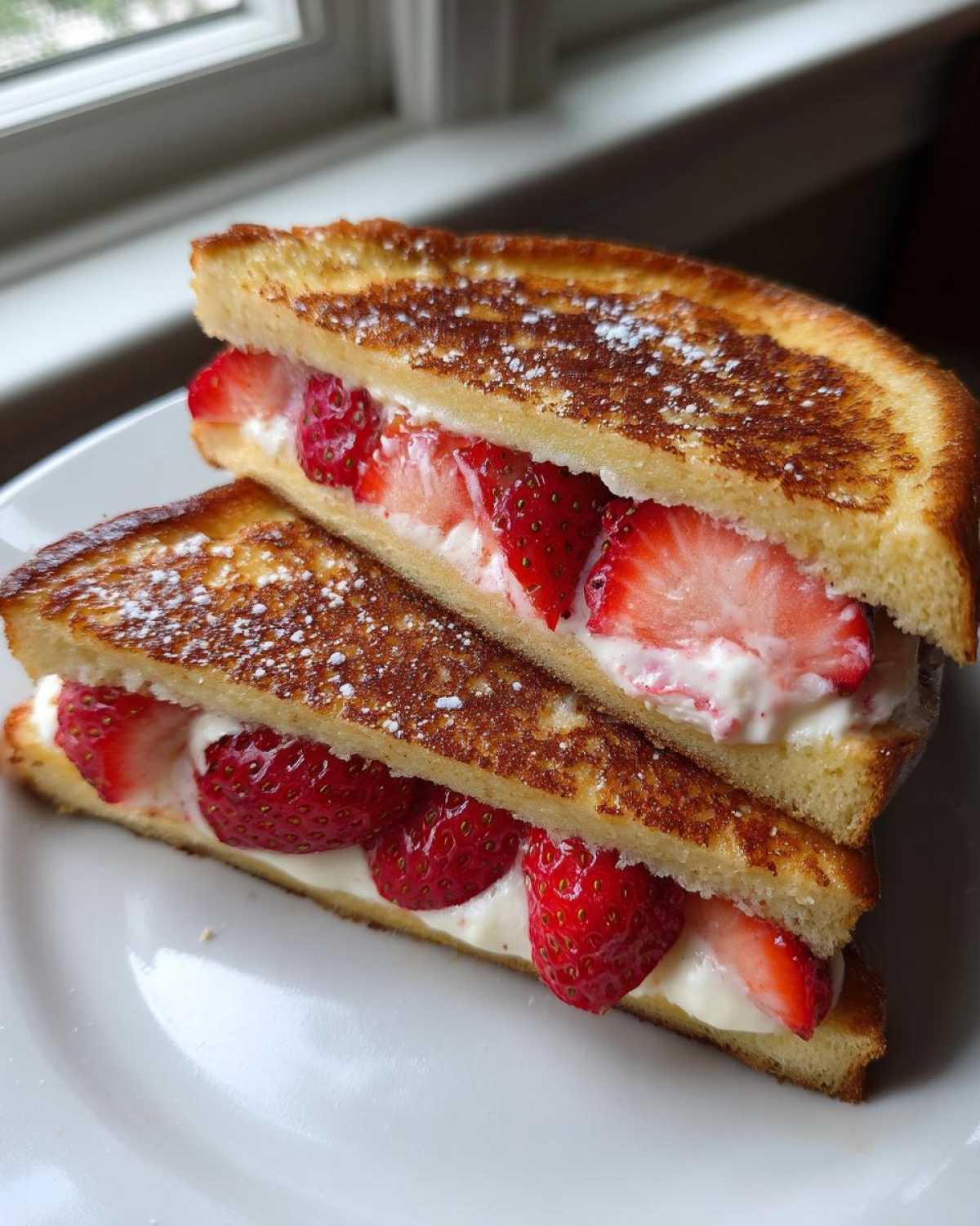 Two halves of golden-brown Strawberry Cream Cheese Stuffed French Toast stacked on a white plate, dusted with powdered sugar.