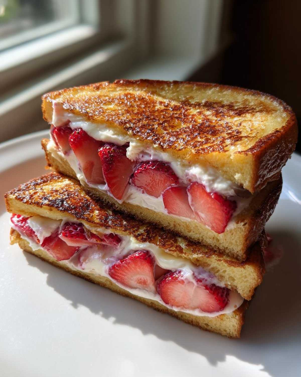 Two halves of golden brown Strawberry Cream Cheese Stuffed French Toast stacked on a white plate.