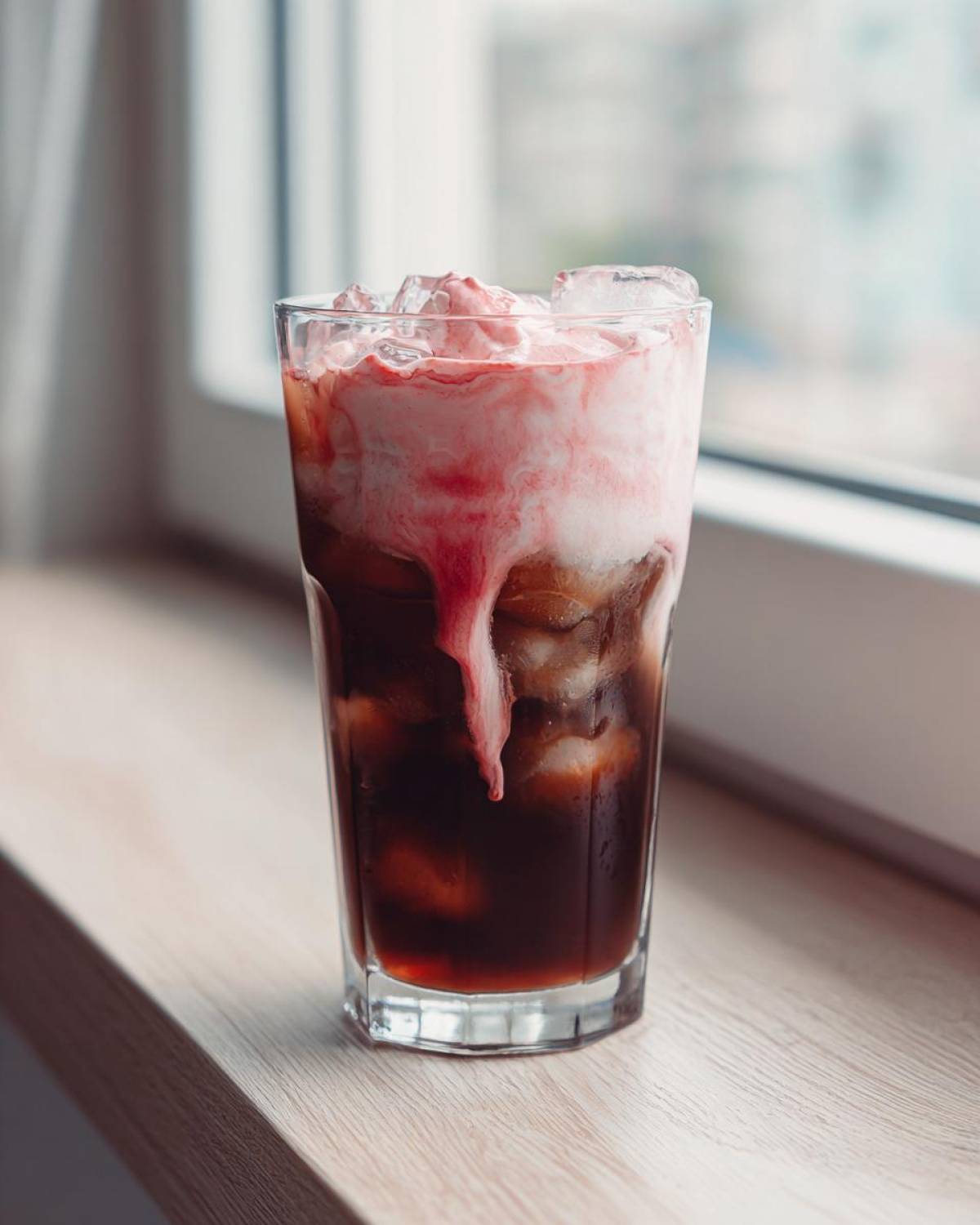 A tall glass of Strawberry Cream Cold Brew with pink cream dripping into dark coffee over ice