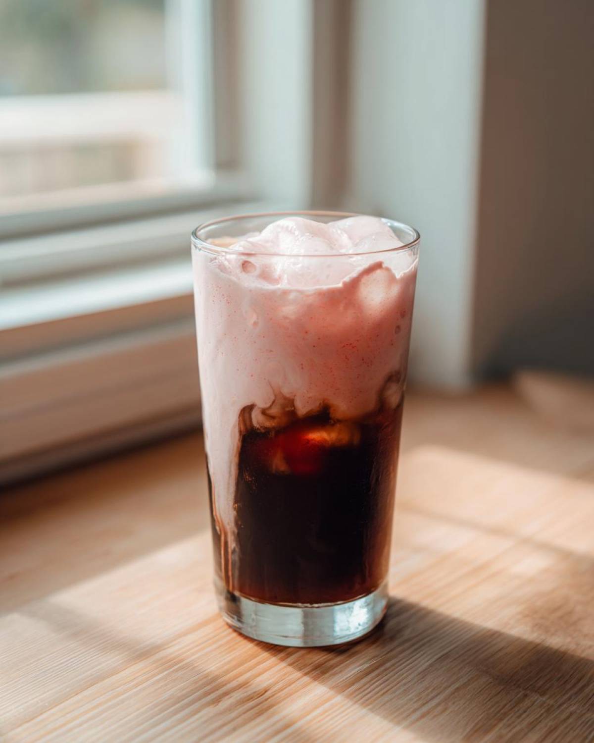 A tall glass filled with Strawberry Cream Cold Brew, showing dark coffee topped with thick, pink, frothy cream