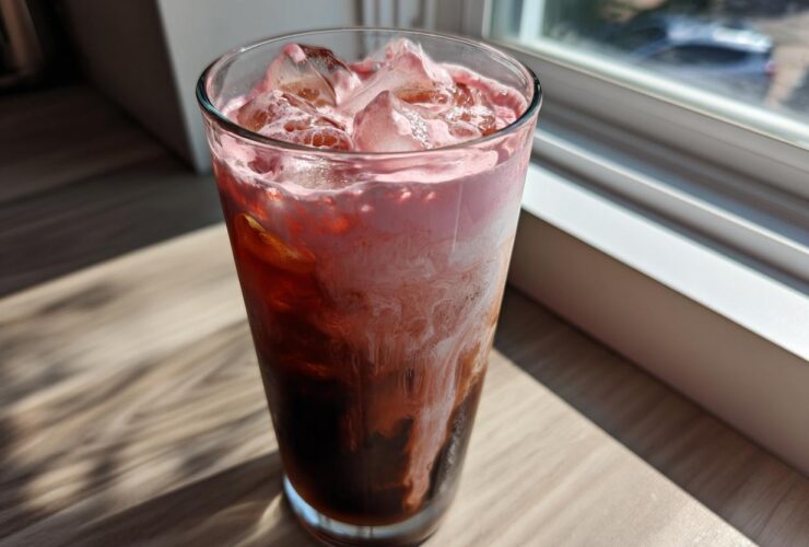A tall glass of layered Strawberry Cream Cold Brew with ice, sitting on a wooden surface near a window.