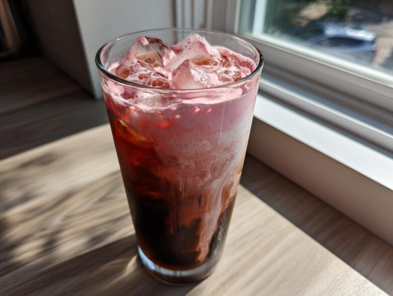 A tall glass of layered Strawberry Cream Cold Brew with ice, sitting on a wooden surface near a window.