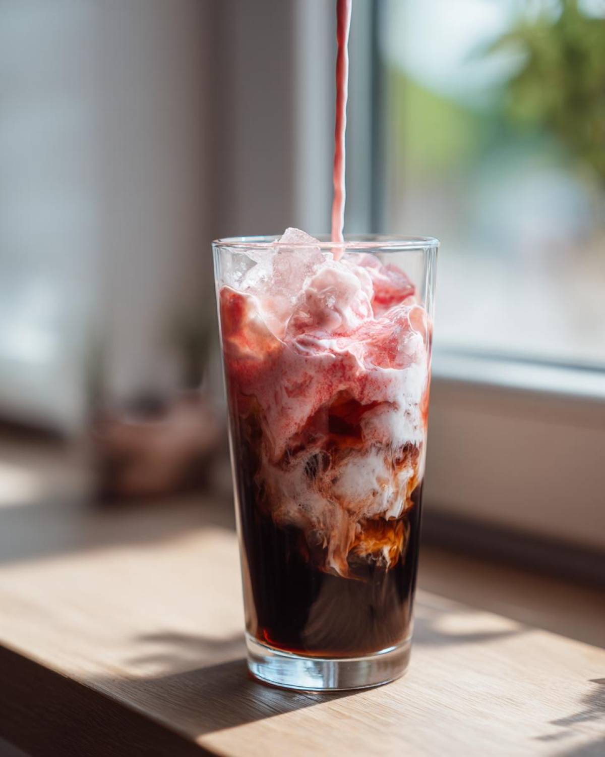 A stream of pink strawberry cream is being poured over ice and cold brew coffee to make a Strawberry Cream Cold Brew
