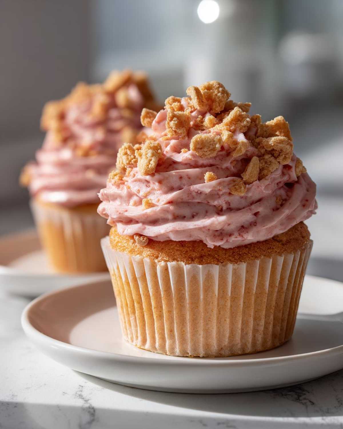Close-up of a perfectly baked Strawberry Crunch Cupcakes topped with pink strawberry frosting and crunchy crumbs.