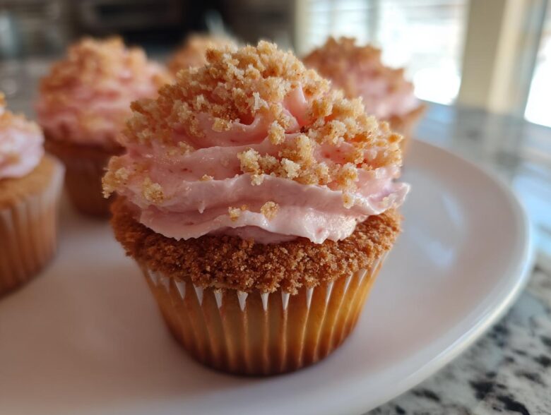A close-up of a Strawberry Crunch Cupcakes featuring pink strawberry frosting and a generous topping of crunchy golden crumbs.