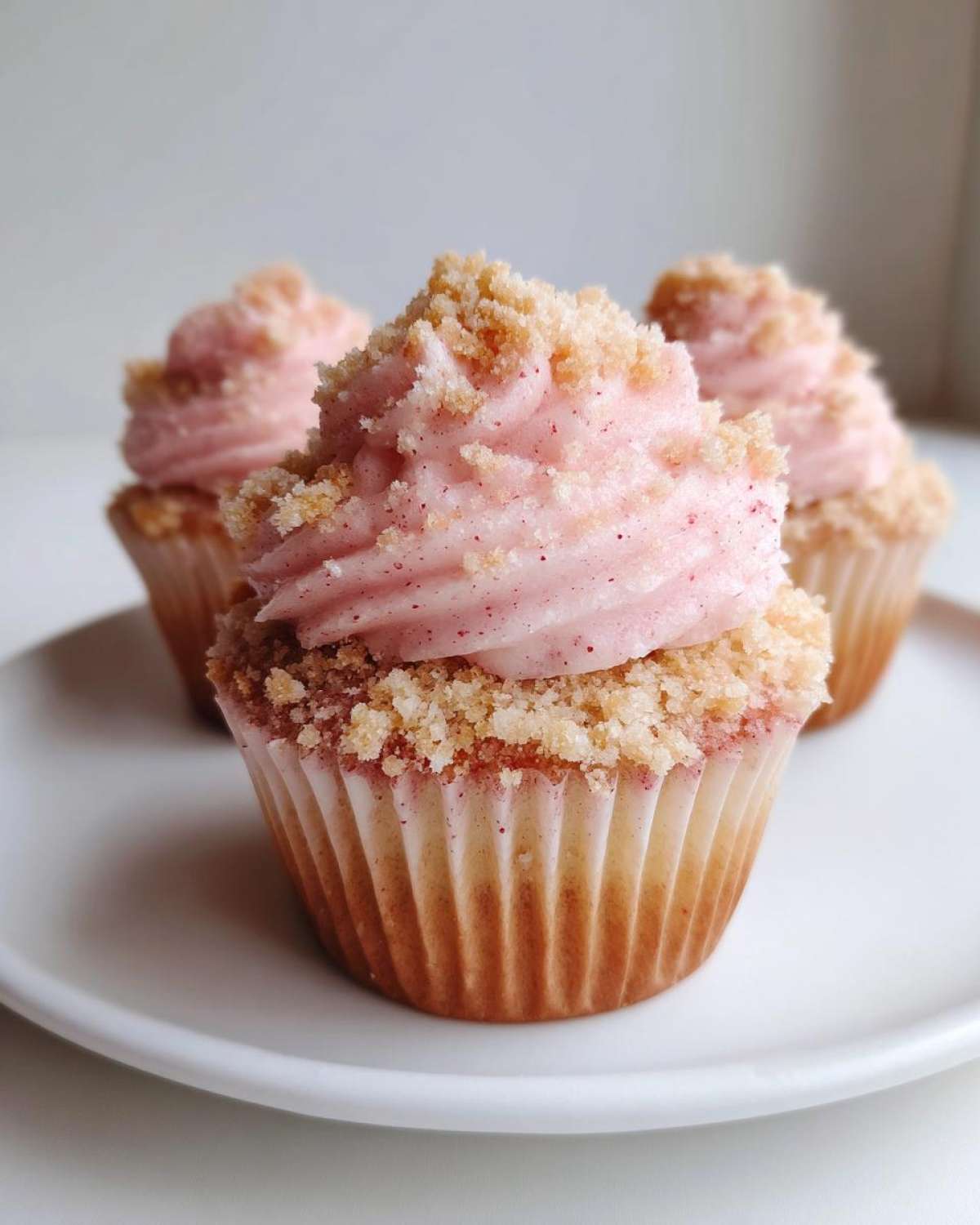 Close-up of a freshly baked Strawberry Crunch Cupcakes featuring pink strawberry frosting and a crunchy crumble topping.
