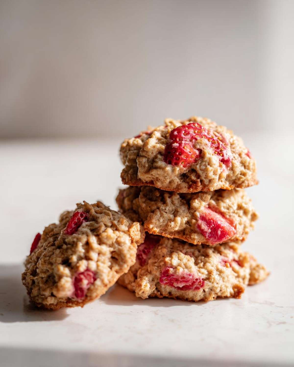 A stack of four soft Strawberry Oatmeal Breakfast Cookies featuring visible chunks of bright red strawberries.