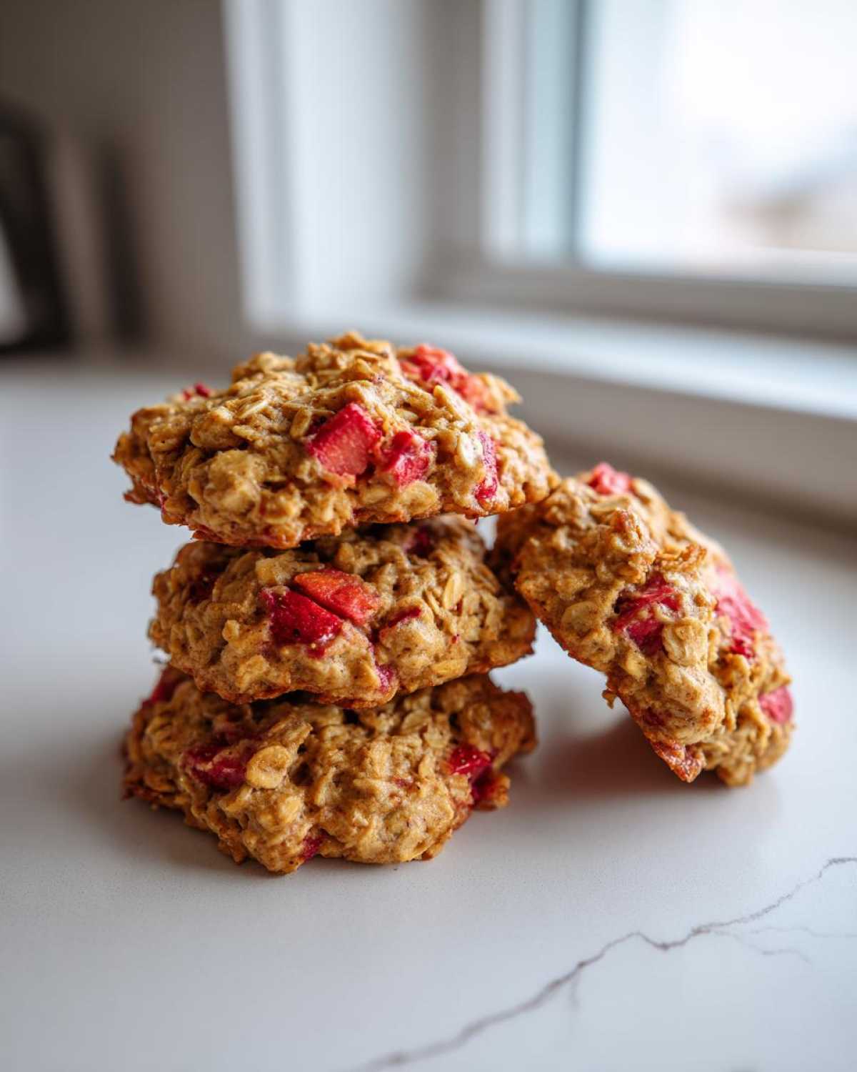 A stack of three and one leaning Strawberry Oatmeal Breakfast Cookies on a white countertop.
