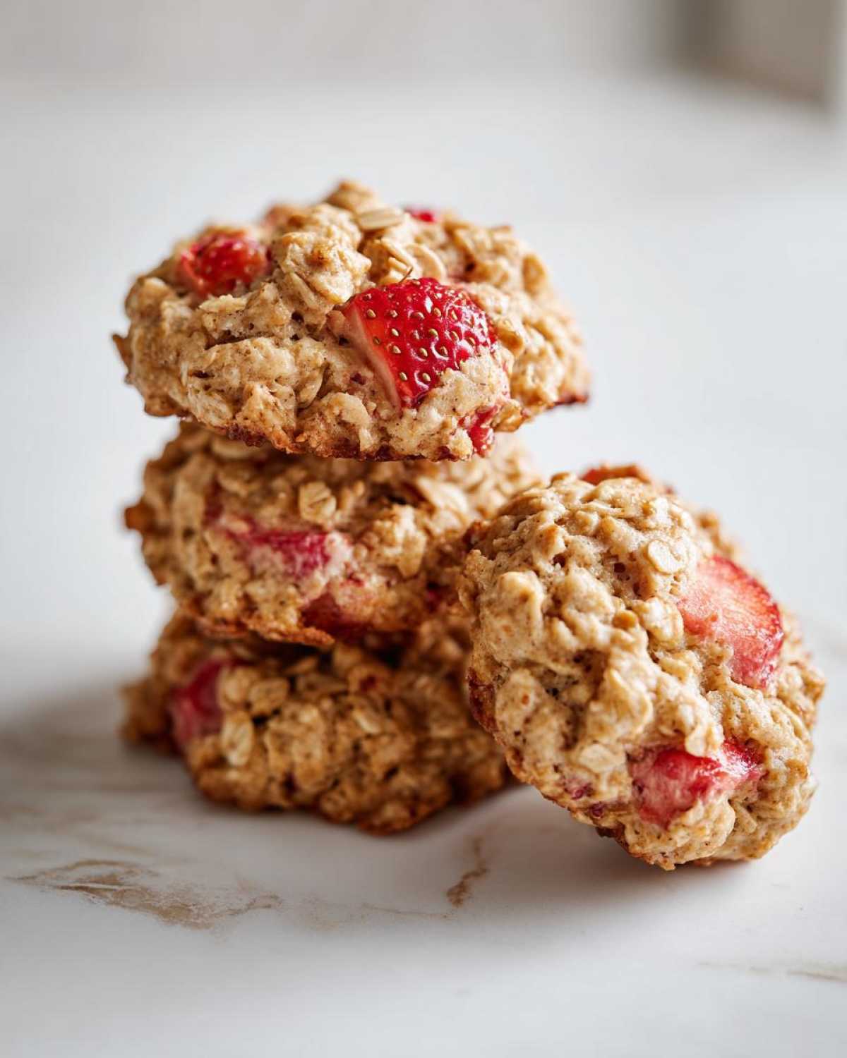 A stack of three delicious Strawberry Oatmeal Breakfast Cookies with one leaning against the side.