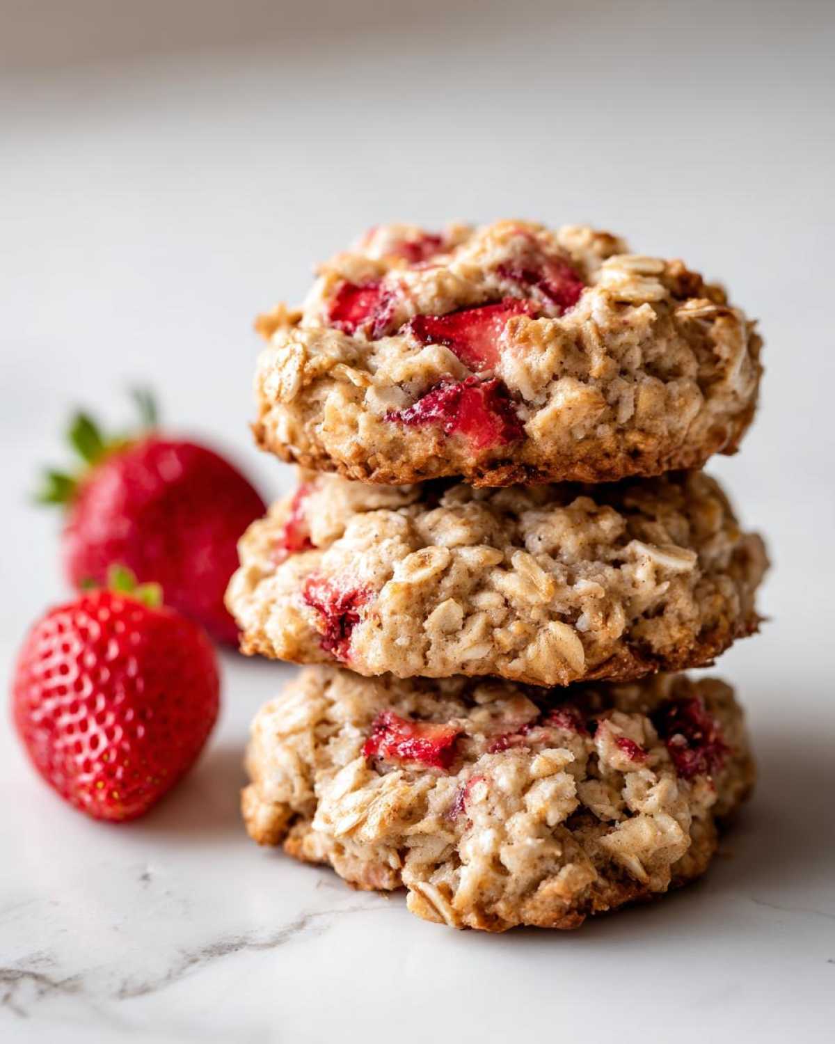 A stack of three chewy Strawberry Oatmeal Breakfast Cookies with visible strawberry pieces on a white marble surface.