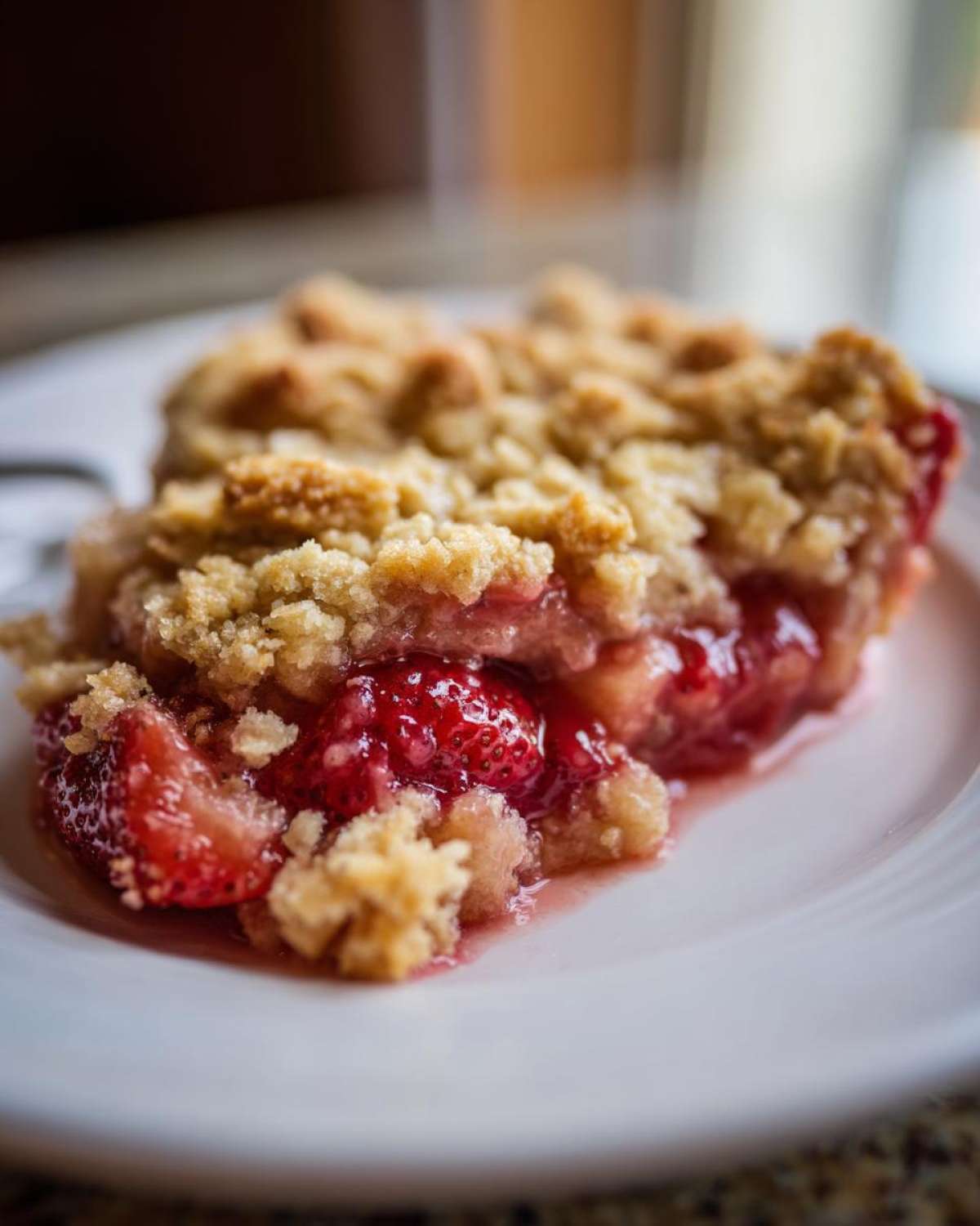 A close-up of a warm serving of Strawberry Rhubarb Crisp showing juicy strawberries and crumbly topping.