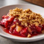 Close-up of a warm serving of Strawberry Rhubarb Crisp showing juicy red fruit filling and a golden, crumbly topping.