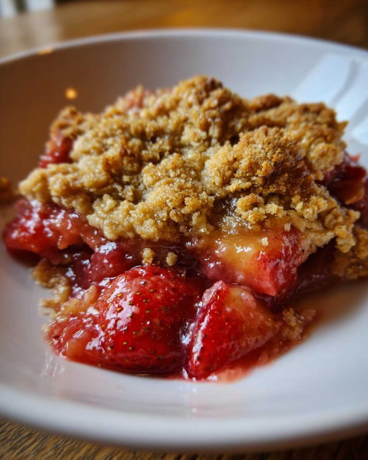 A close-up shot of a serving of warm Strawberry Rhubarb Crisp with juicy strawberries and a golden oat topping.