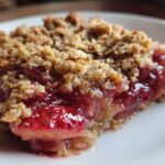 A close-up view of a warm slice of Strawberry Rhubarb Crisp showing juicy fruit filling and crunchy oat topping.