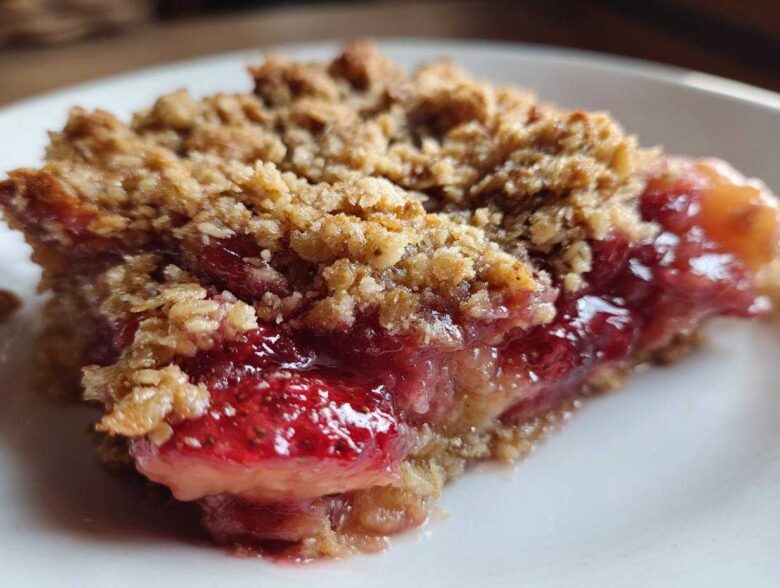 A close-up view of a warm slice of Strawberry Rhubarb Crisp showing juicy fruit filling and crunchy oat topping.