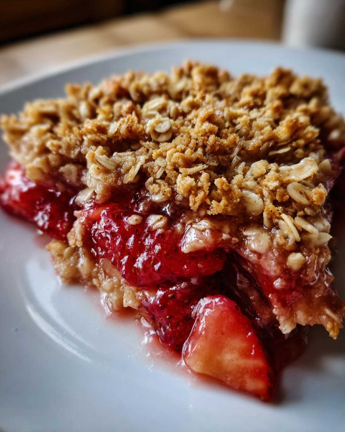 Close-up of a juicy slice of Strawberry Rhubarb Crisp showing bright red filling and golden oat topping.