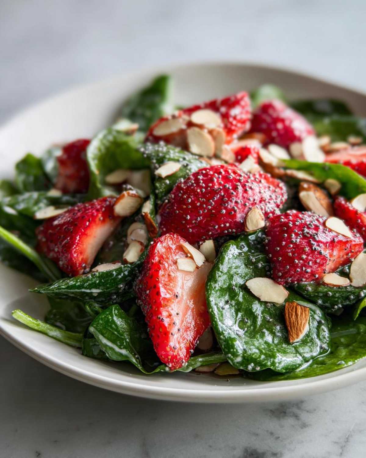A close-up of a vibrant Strawberry Spinach Salad with sliced strawberries, almonds, and poppy seeds from the dressing.