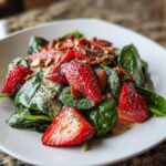 A vibrant close-up of Strawberry Spinach Salad with Poppy Seed Dressing, featuring sliced strawberries, almonds, and creamy dressing on spinach.