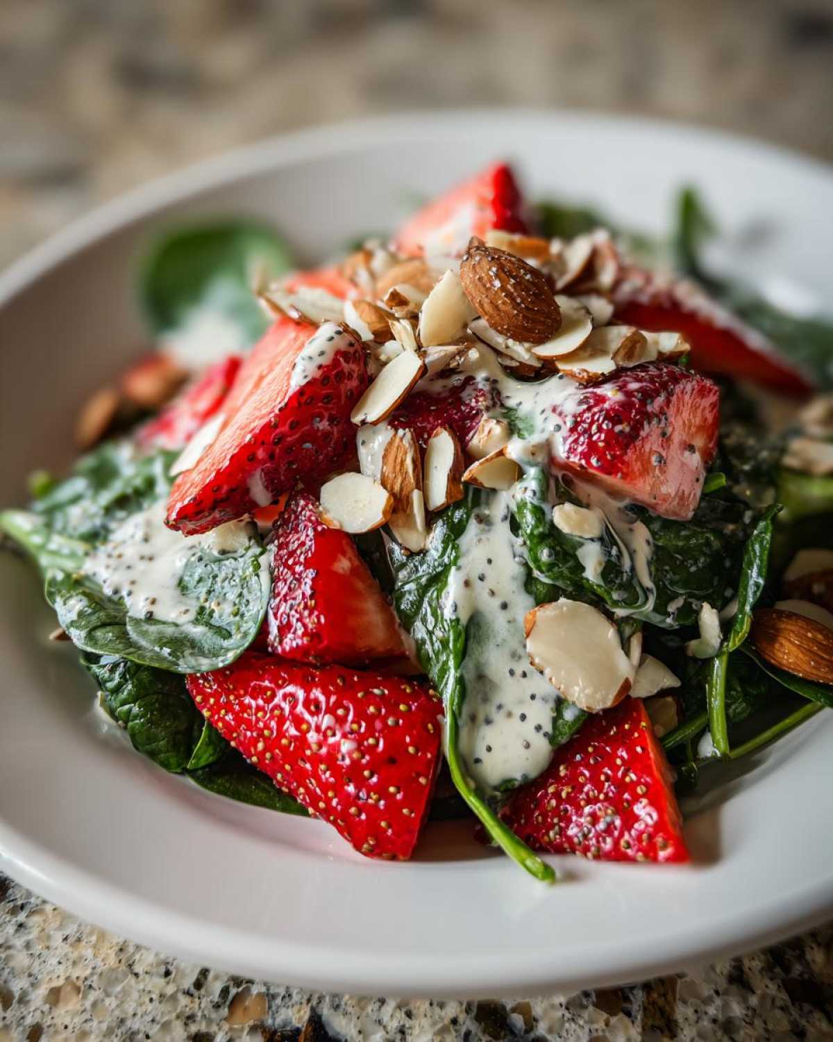 Close-up of a vibrant Strawberry Spinach Salad topped with sliced almonds and creamy poppy seed dressing.