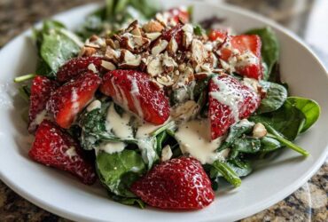 A vibrant close-up of Strawberry Spinach Salad with Poppy Seed Dressing, topped with sliced almonds.