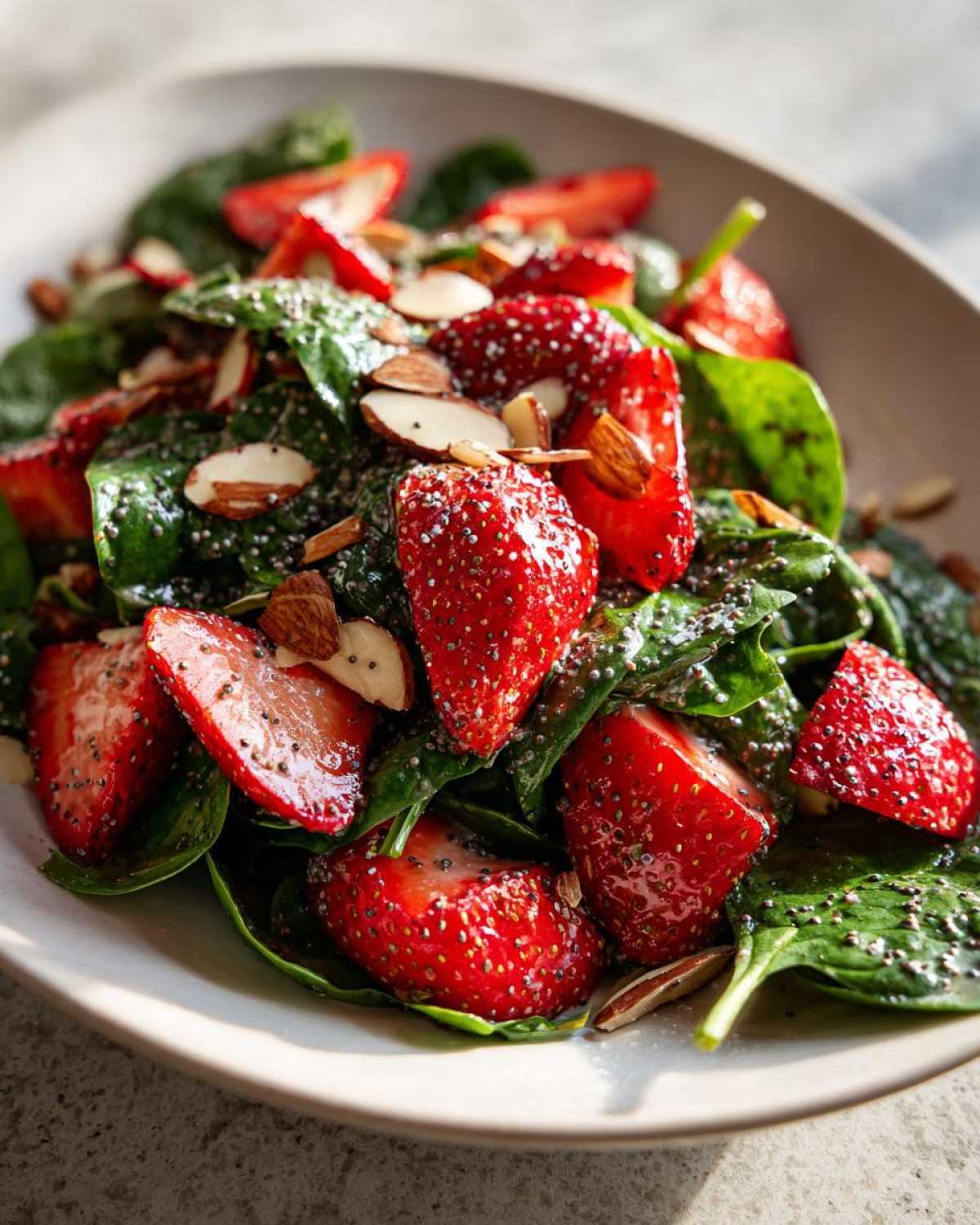 Close-up of a vibrant Strawberry Spinach Salad featuring sliced strawberries, spinach leaves, almonds, and poppy seeds.