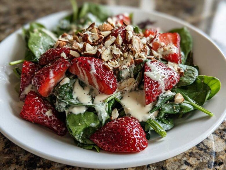 A vibrant close-up of Strawberry Spinach Salad with Poppy Seed Dressing, topped with sliced almonds.