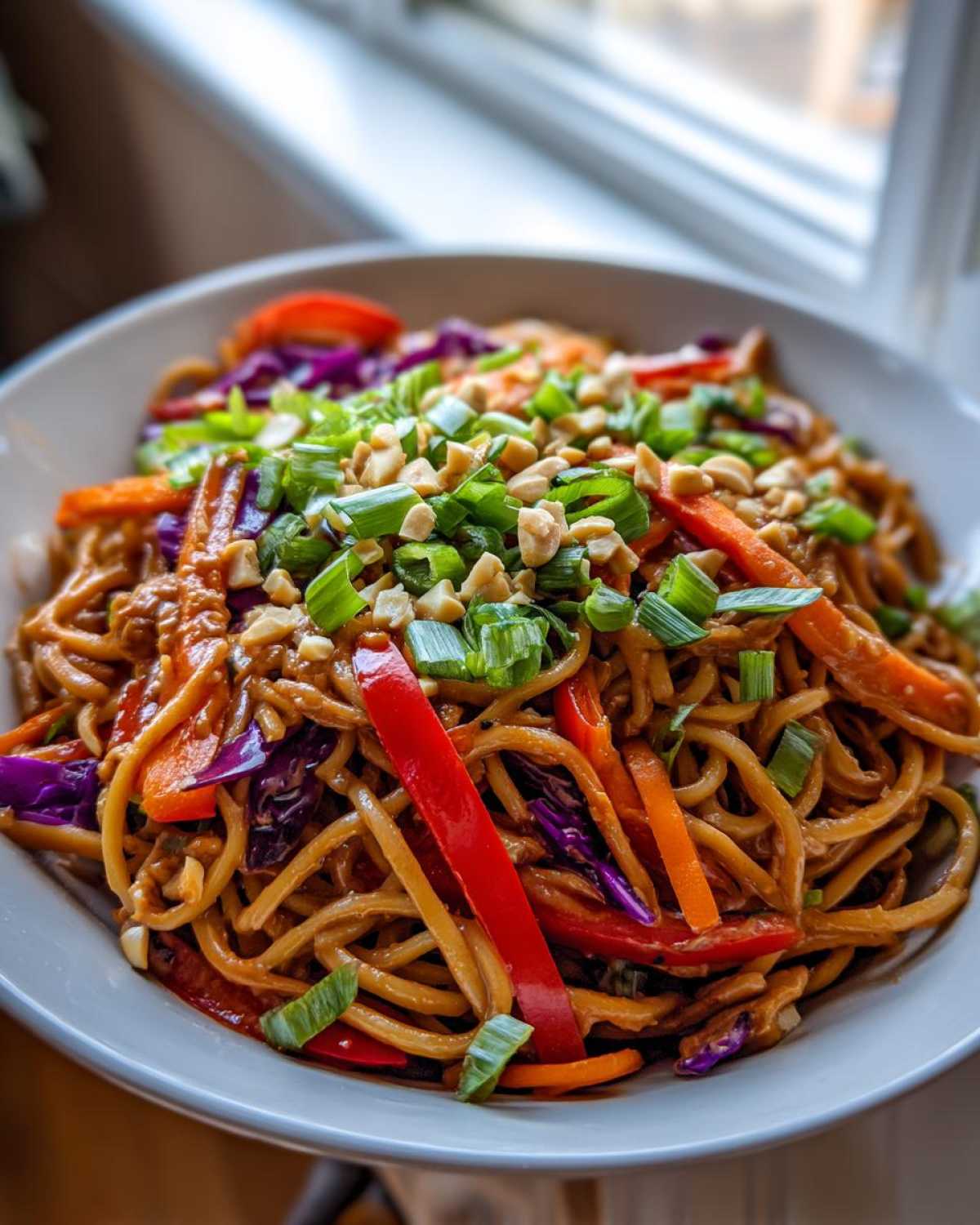 A close-up of Thai Peanut Noodles with Crunchy Veggies, topped with chopped peanuts and green onions.
