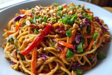 A close-up serving of Thai Peanut Noodles with Crunchy Veggies coated in peanut sauce, topped with peanuts and scallions.
