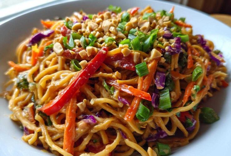 A close-up serving of Thai Peanut Noodles with Crunchy Veggies coated in peanut sauce, topped with peanuts and scallions.