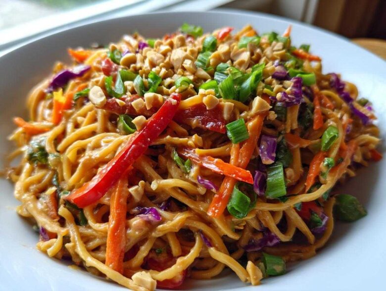 A close-up serving of Thai Peanut Noodles with Crunchy Veggies coated in peanut sauce, topped with peanuts and scallions.