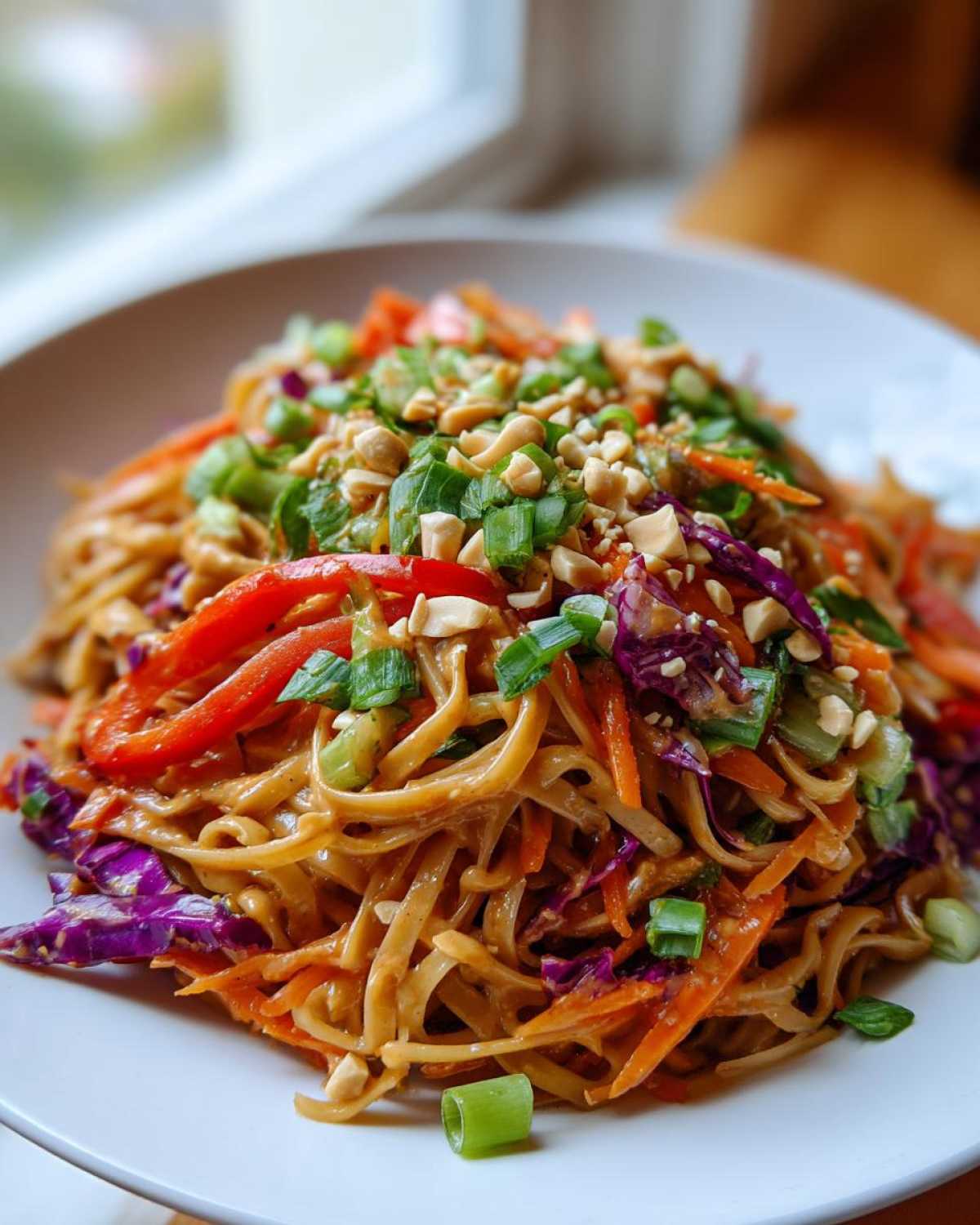 A close-up serving of Thai Peanut Noodles with Crunchy Veggies, topped with peanuts and scallions.