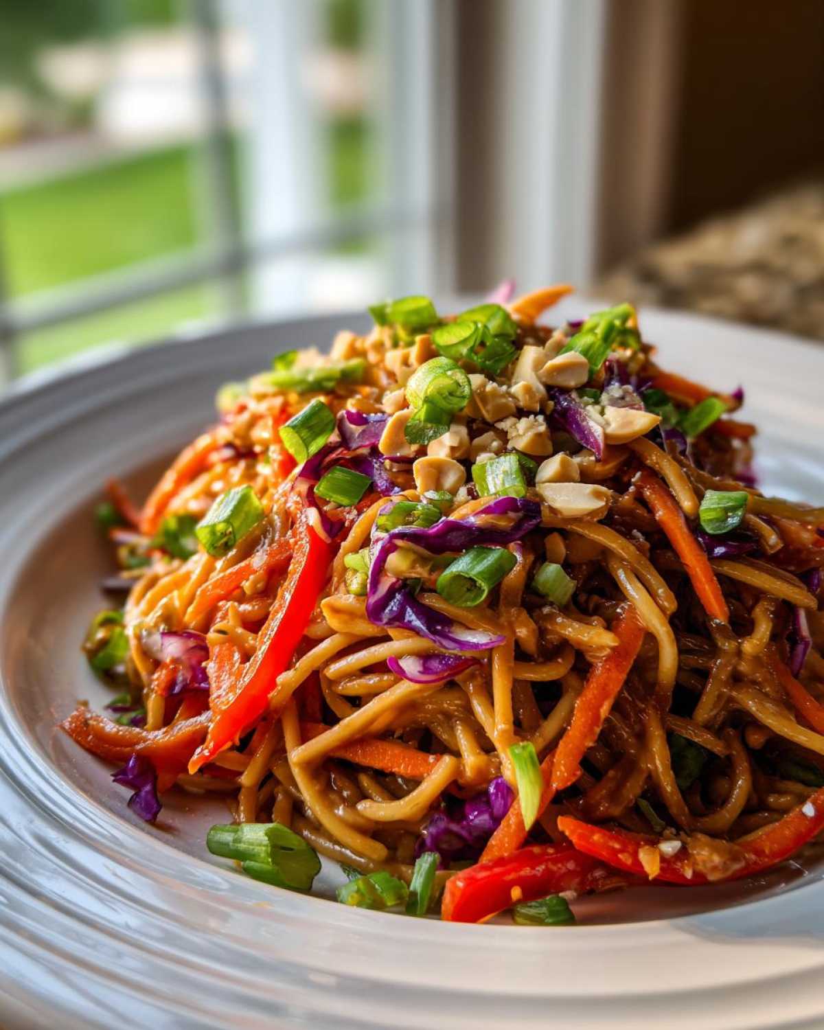 A close-up of a serving of Thai Peanut Noodles with Crunchy Veggies, topped with peanuts and green onions.