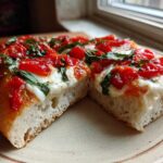 A thick slice of Gluten-Free Margherita Pizza showing the airy crust, melted mozzarella, bright red tomatoes, and fresh basil.