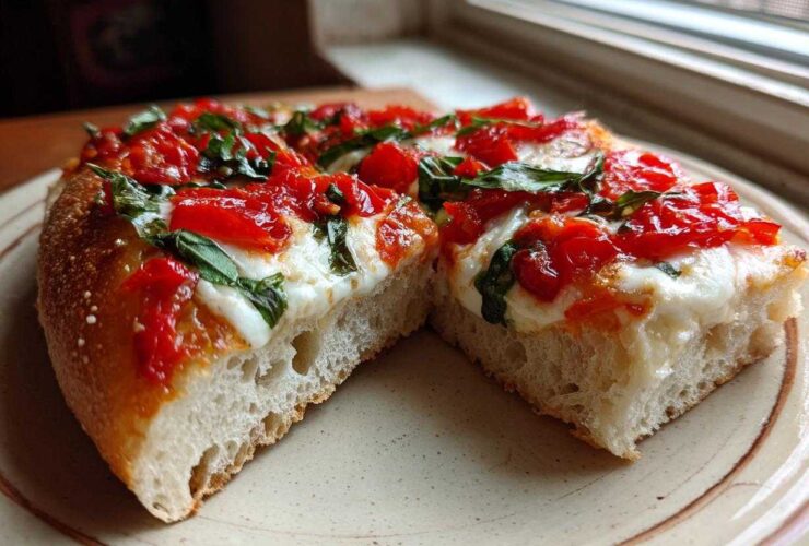 A thick slice of Gluten-Free Margherita Pizza showing the airy crust, melted mozzarella, bright red tomatoes, and fresh basil.