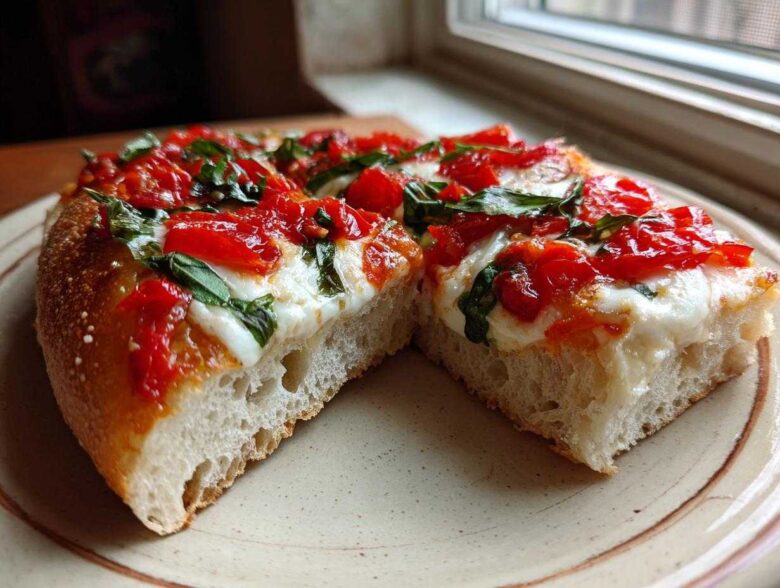 A thick slice of Gluten-Free Margherita Pizza showing the airy crust, melted mozzarella, bright red tomatoes, and fresh basil.