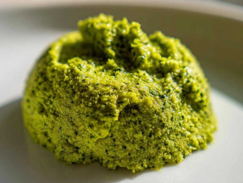 Close-up of a vibrant green mound of freshly made Vegan Basil Pesto on a white plate.