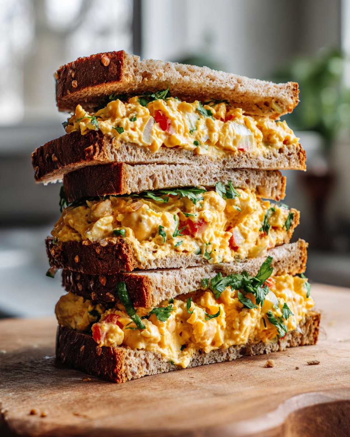 A tall stack of three halves of Vegan Chickpea Salad Sandwich made with whole grain bread and yellow chickpea filling.