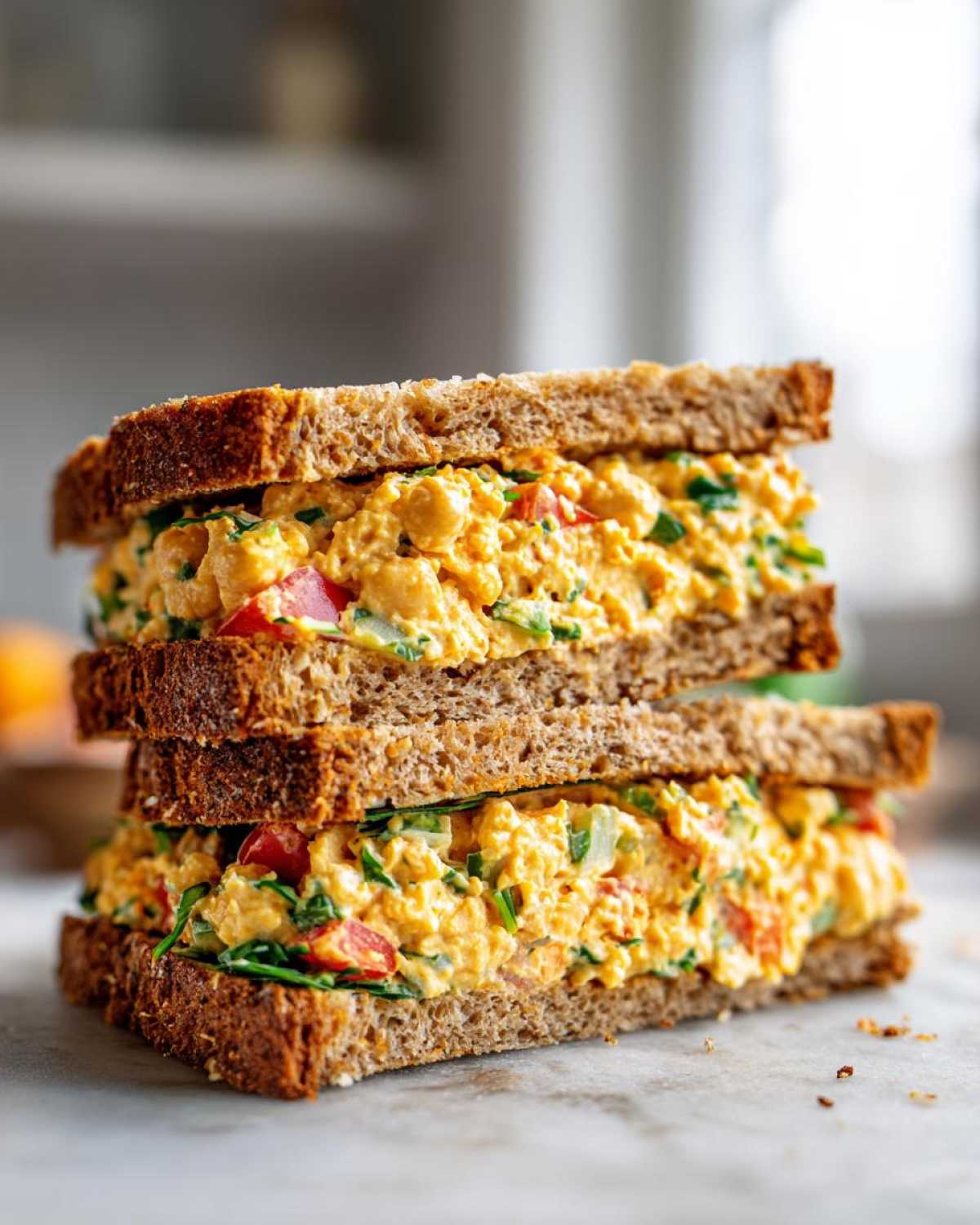 Two halves of a Vegan Chickpea Salad Sandwich stacked on top of each other, showing creamy chickpea filling between whole wheat bread.
